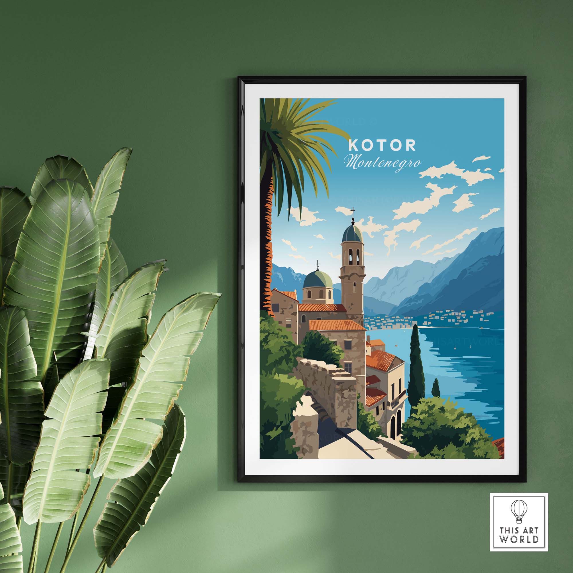 Kotor Montenegro travel poster print featuring coastal scenery and mountains, perfect for home decor.