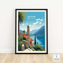 Kotor Montenegro Travel Poster Print featuring scenic views of Kotor's coast and mountains in vibrant colors.