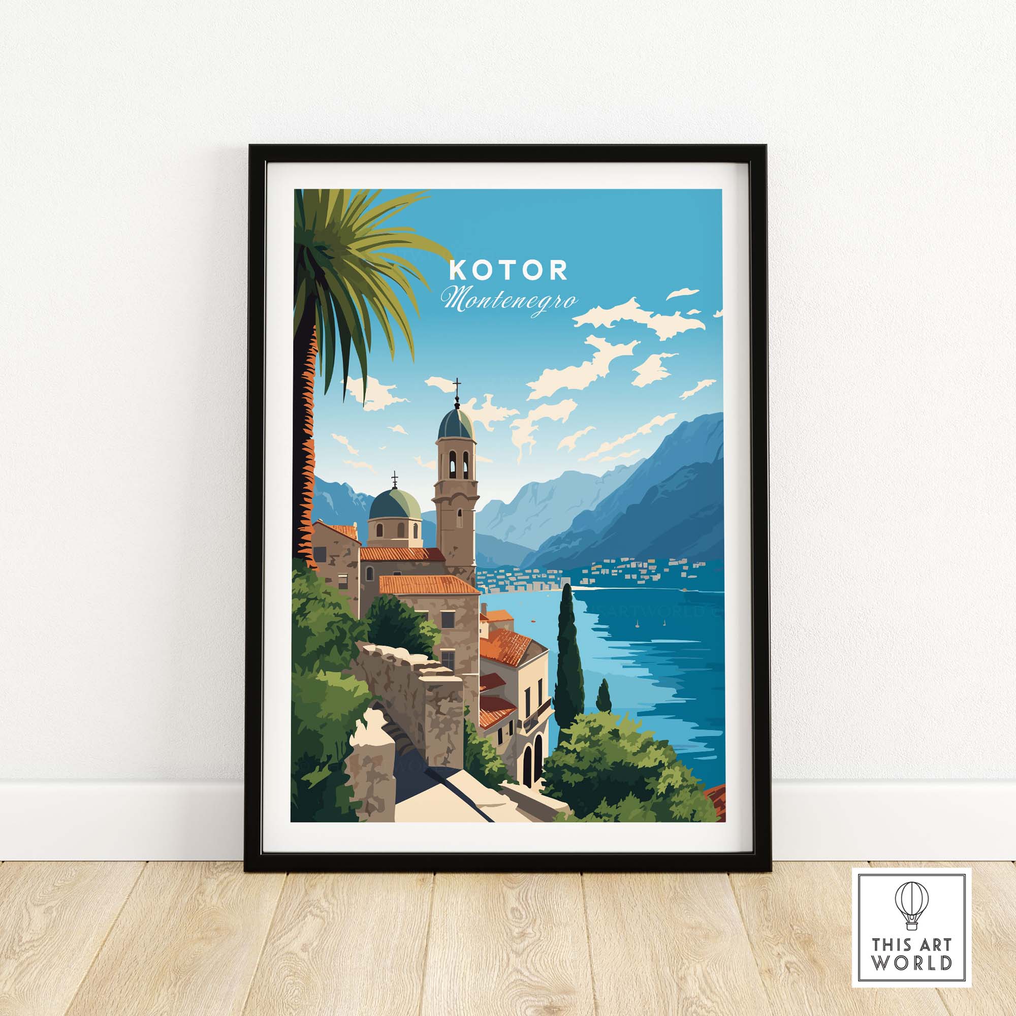 Kotor Montenegro Travel Poster Print featuring scenic views of Kotor's coast and mountains in vibrant colors.