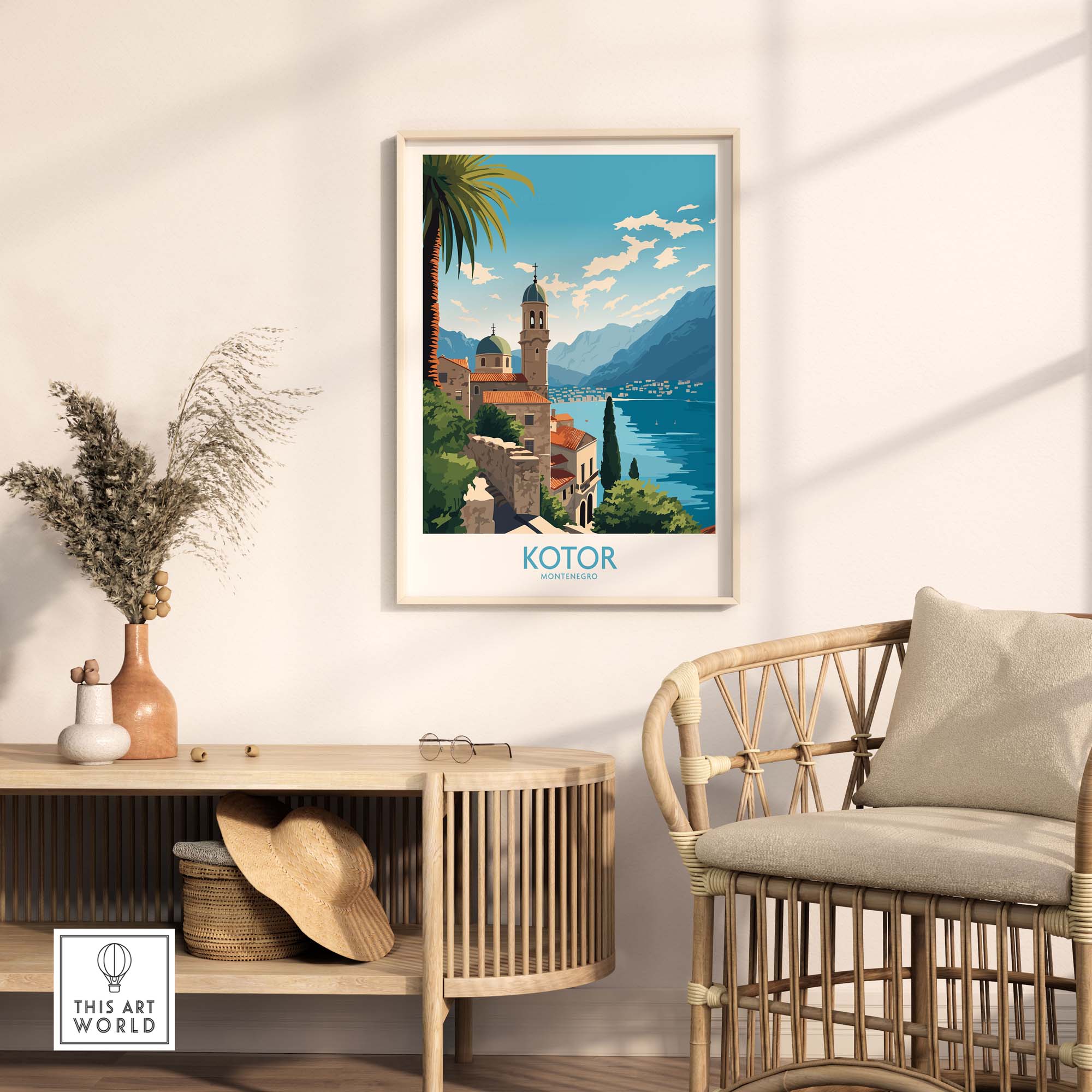 Kotor Montenegro wall art poster displayed in a modern interior, evoking travel memories and wanderlust.