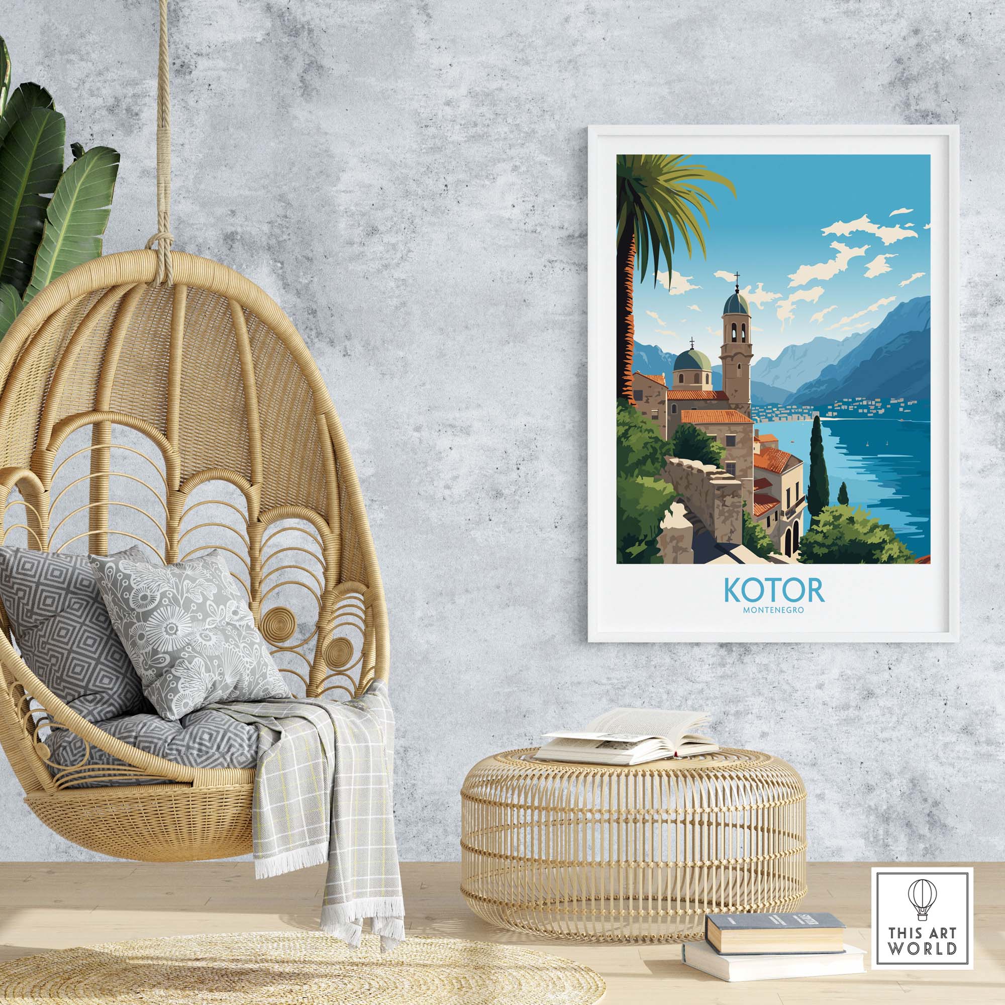 Kotor Montenegro wall art displayed in a chic interior setting, showcasing serene coastal views and modern design.