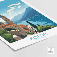 Kotor Montenegro Wall Art poster featuring a scenic view of the coastline and mountains in a modern style.