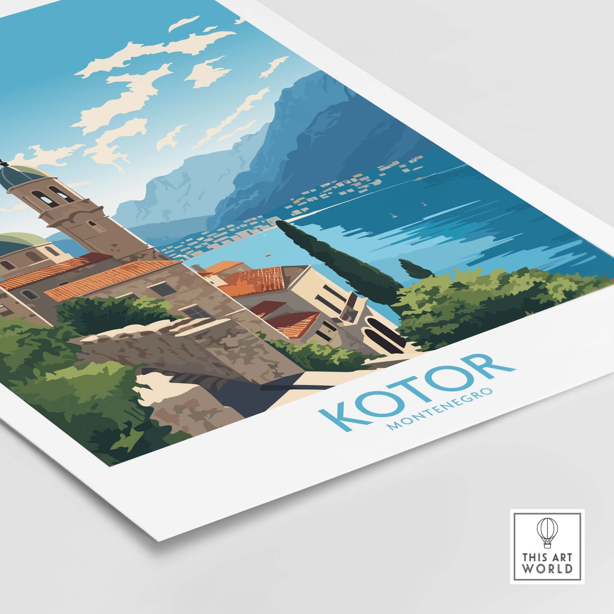 Kotor Montenegro Wall Art poster featuring a scenic view of the coastline and mountains in a modern style.