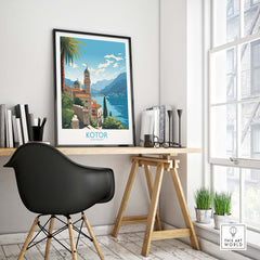 Kotor Montenegro wall art poster displayed in modern home office, inspiring wanderlust and travel memories.
