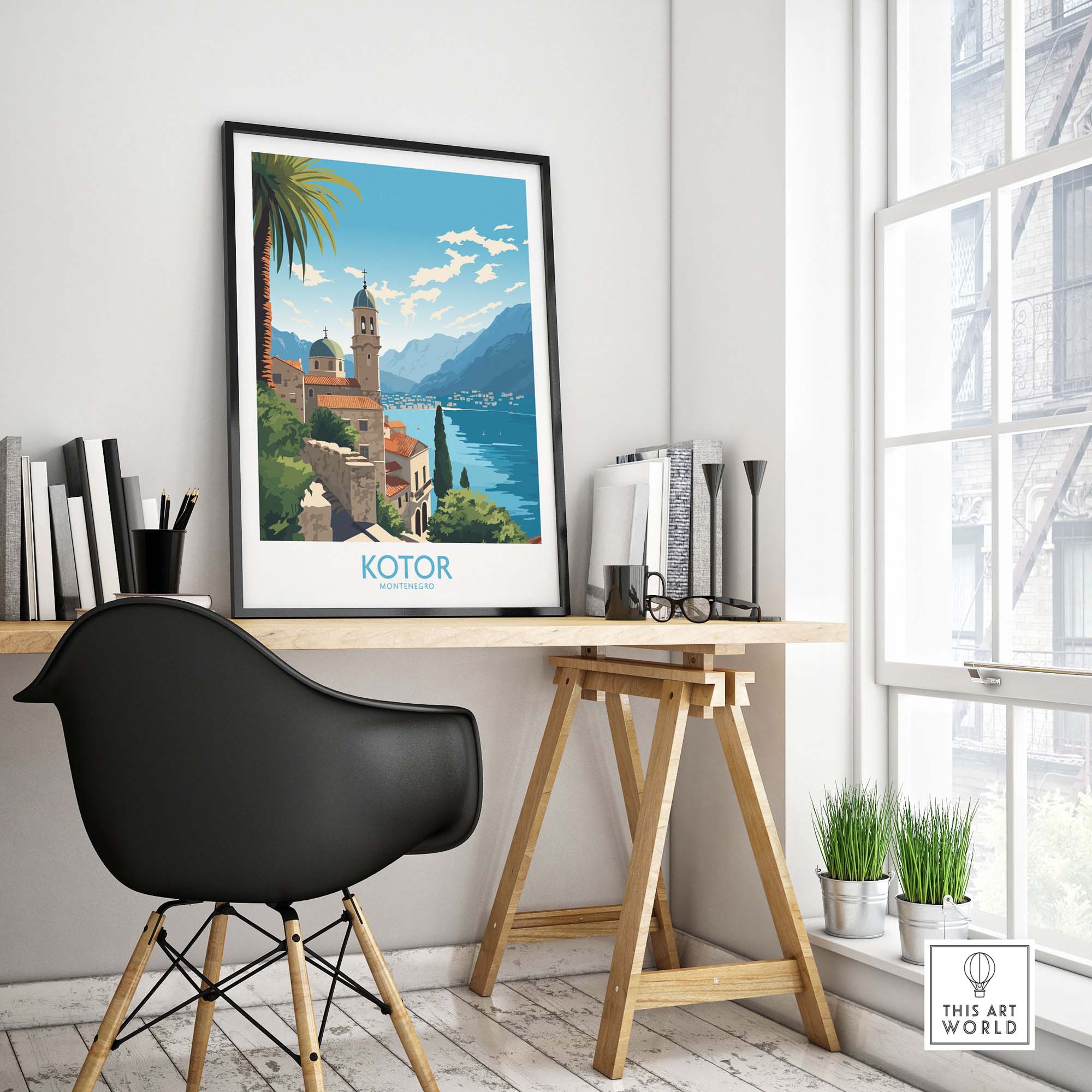 Kotor Montenegro wall art poster displayed in modern home office, inspiring wanderlust and travel memories.