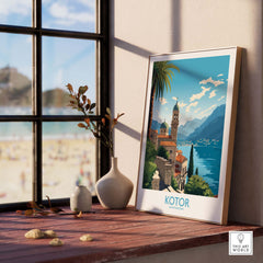 Kotor Montenegro wall art in modern style, displayed near a window, capturing beautiful coastal scenery.