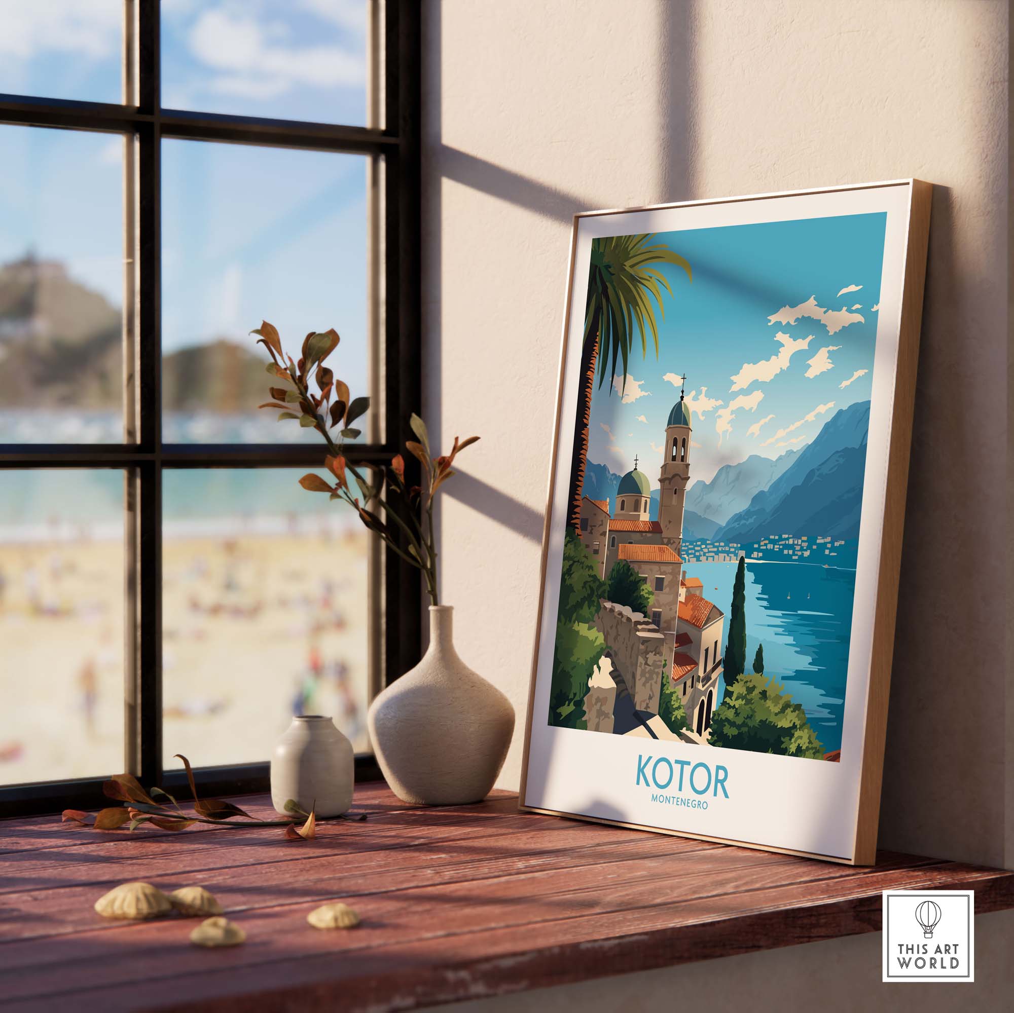 Kotor Montenegro wall art in modern style, displayed near a window, capturing beautiful coastal scenery.
