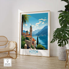 Kotor Montenegro wall art poster featuring coastal scenery and mountains, perfect for modern home decor.