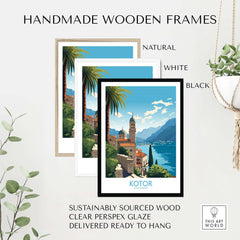 Handmade wooden frames in natural, white, and black showcasing Kotor Montenegro wall art.