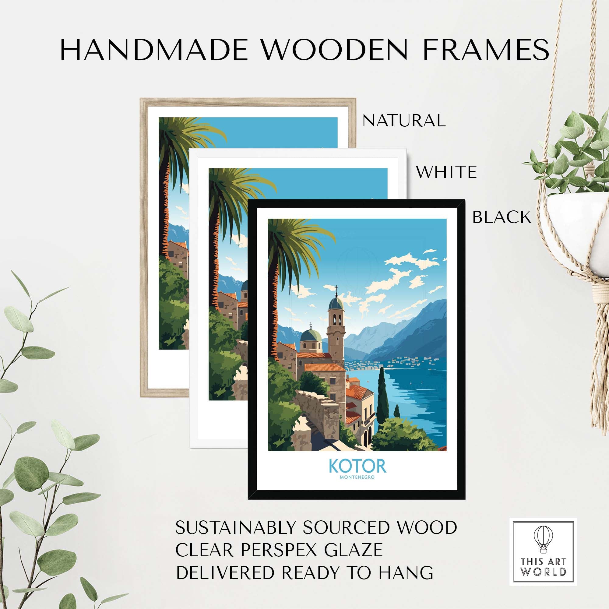 Handmade wooden frames in natural, white, and black showcasing Kotor Montenegro wall art.