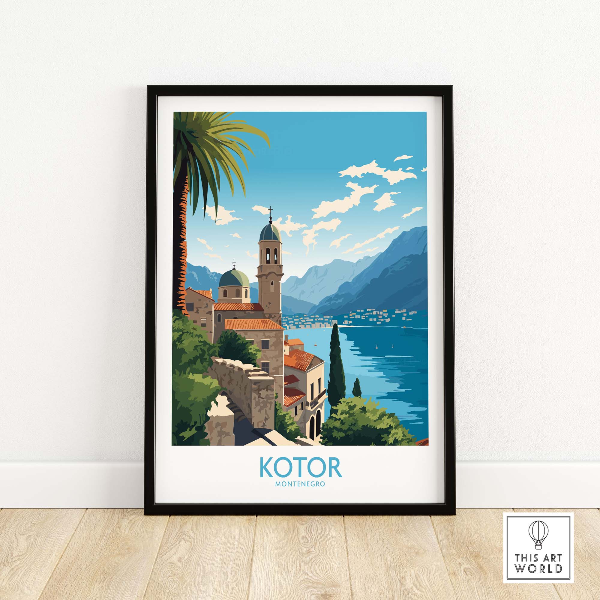 Kotor Montenegro wall art poster showcasing a vibrant coastal view with mountains and palm trees.