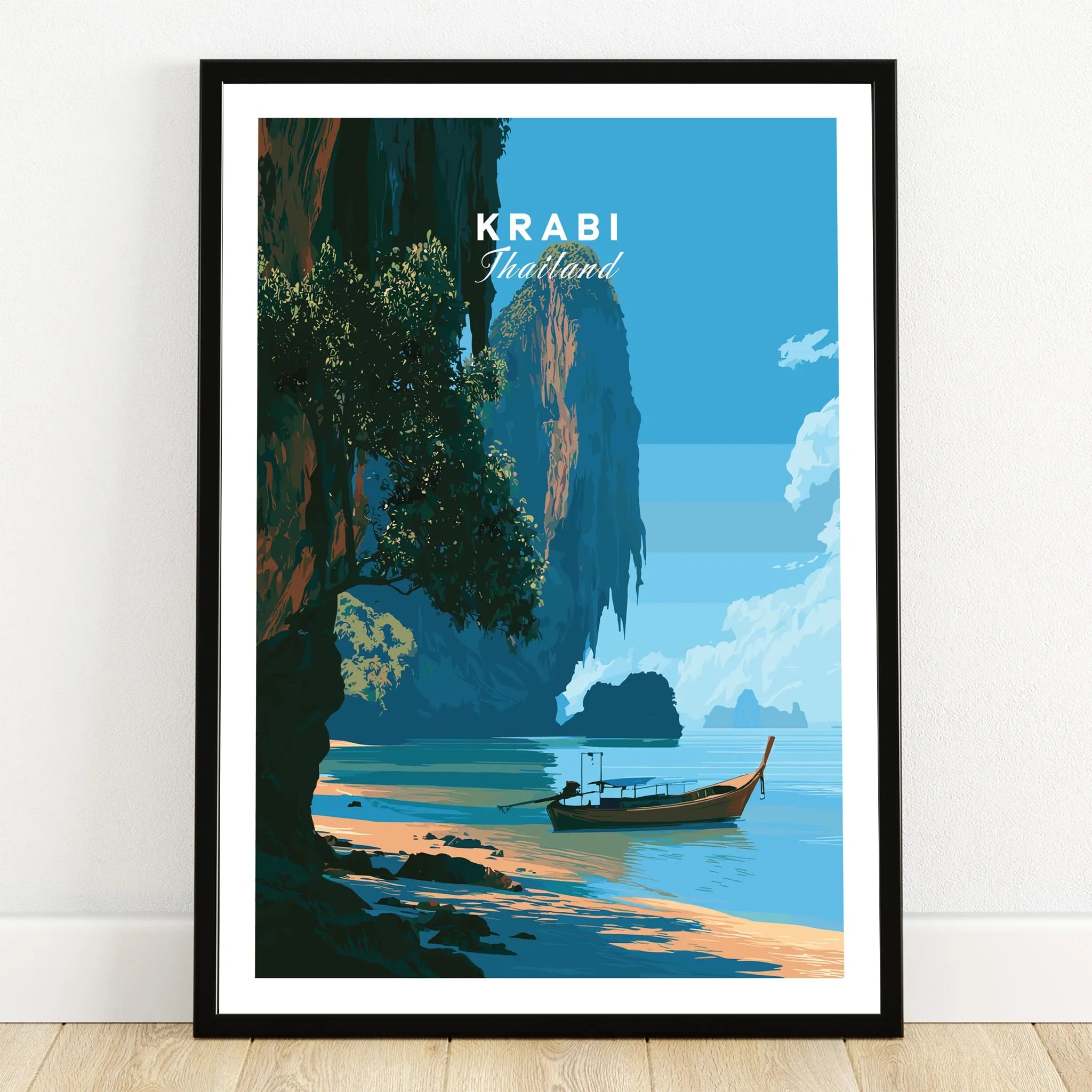 Krabi Thailand Longtail Boat Travel Poster — art print in black frame on wooden floor
