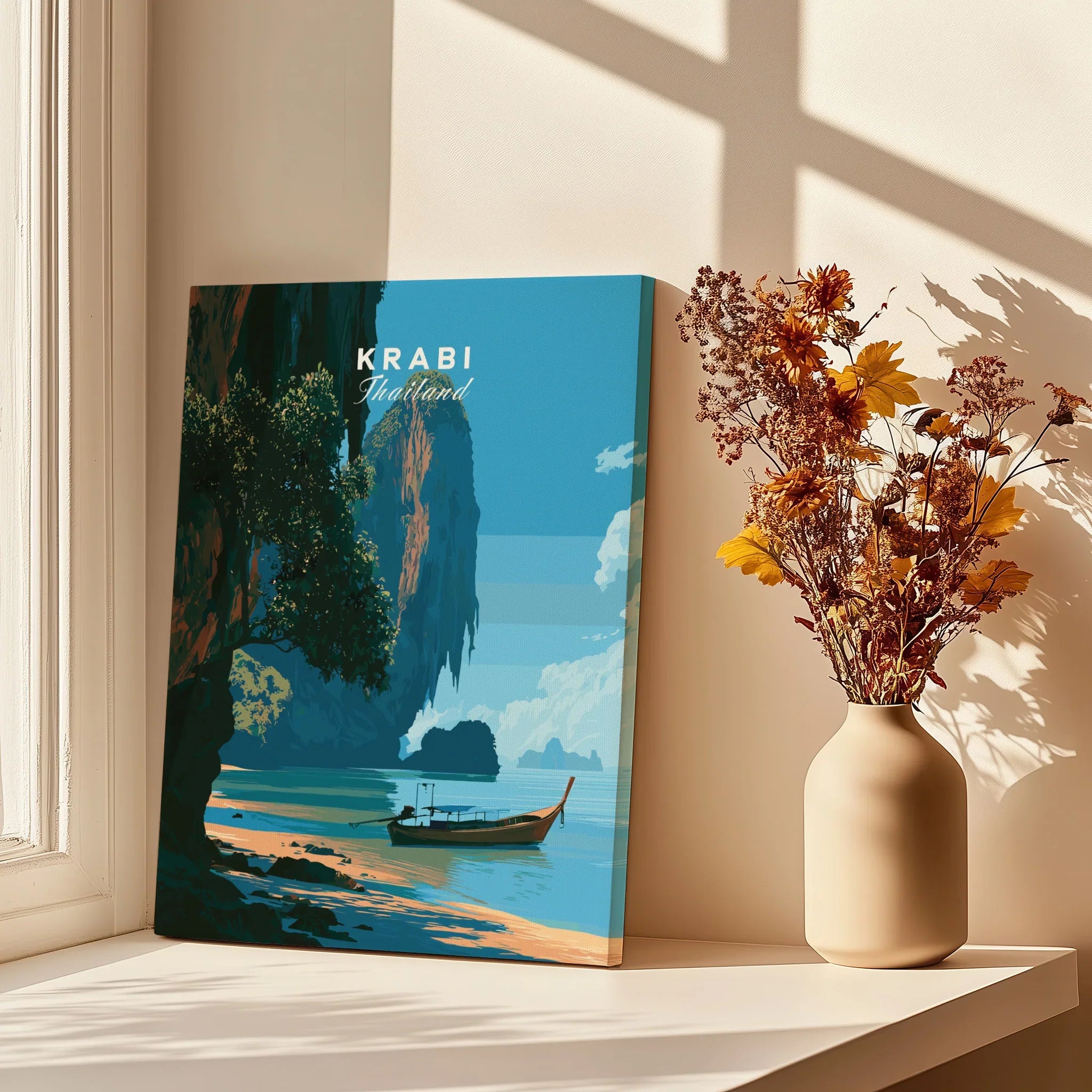 Krabi Thailand Longtail Boat Travel Poster — canvas print window setting with shadows flowers