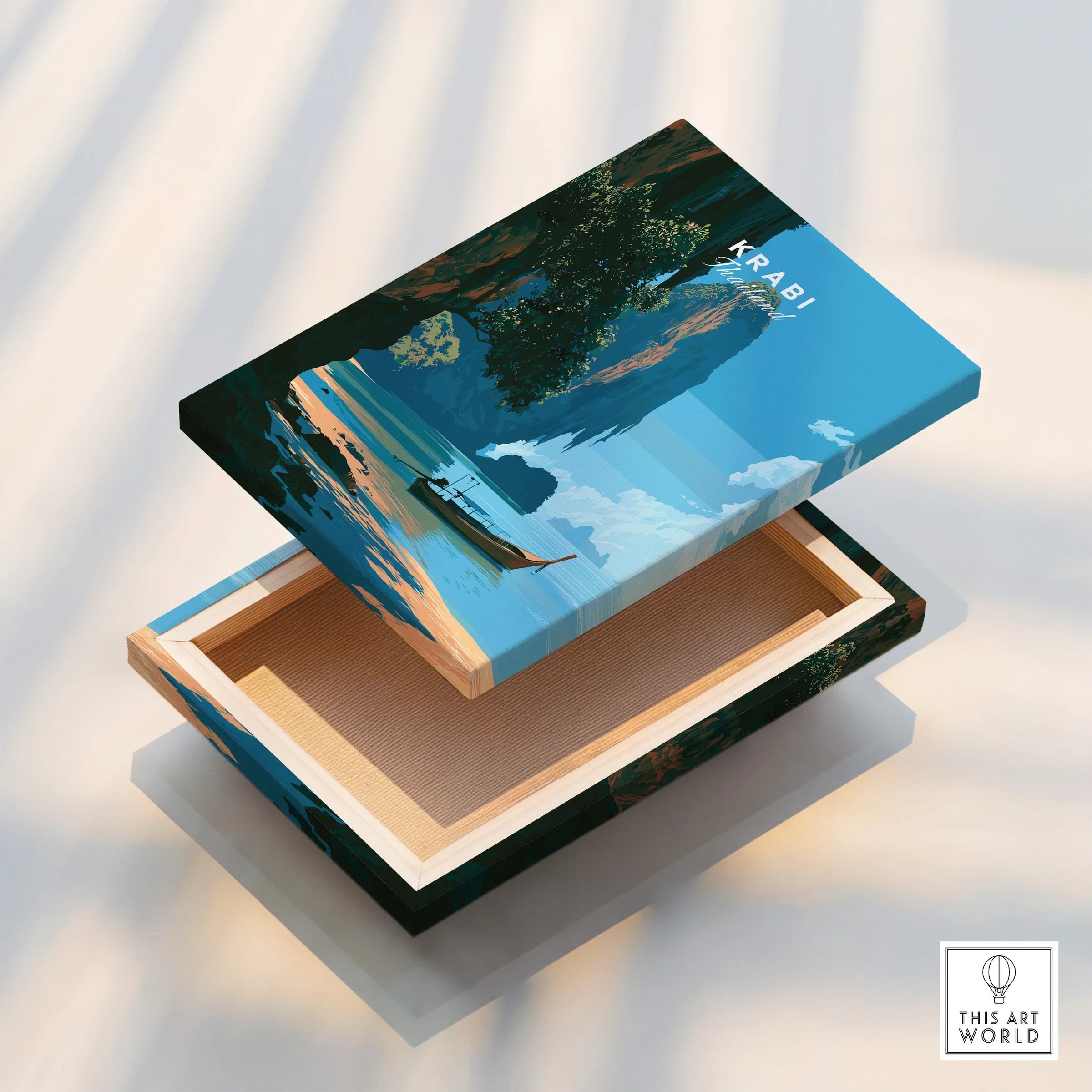 Krabi Thailand Longtail Boat Travel Poster — stretched canvas print floating detail mirror edge