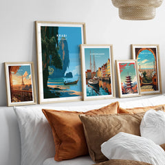 Krabi Thailand Longtail Boat Travel Poster — set five framed artprints above bed natural wood frames
