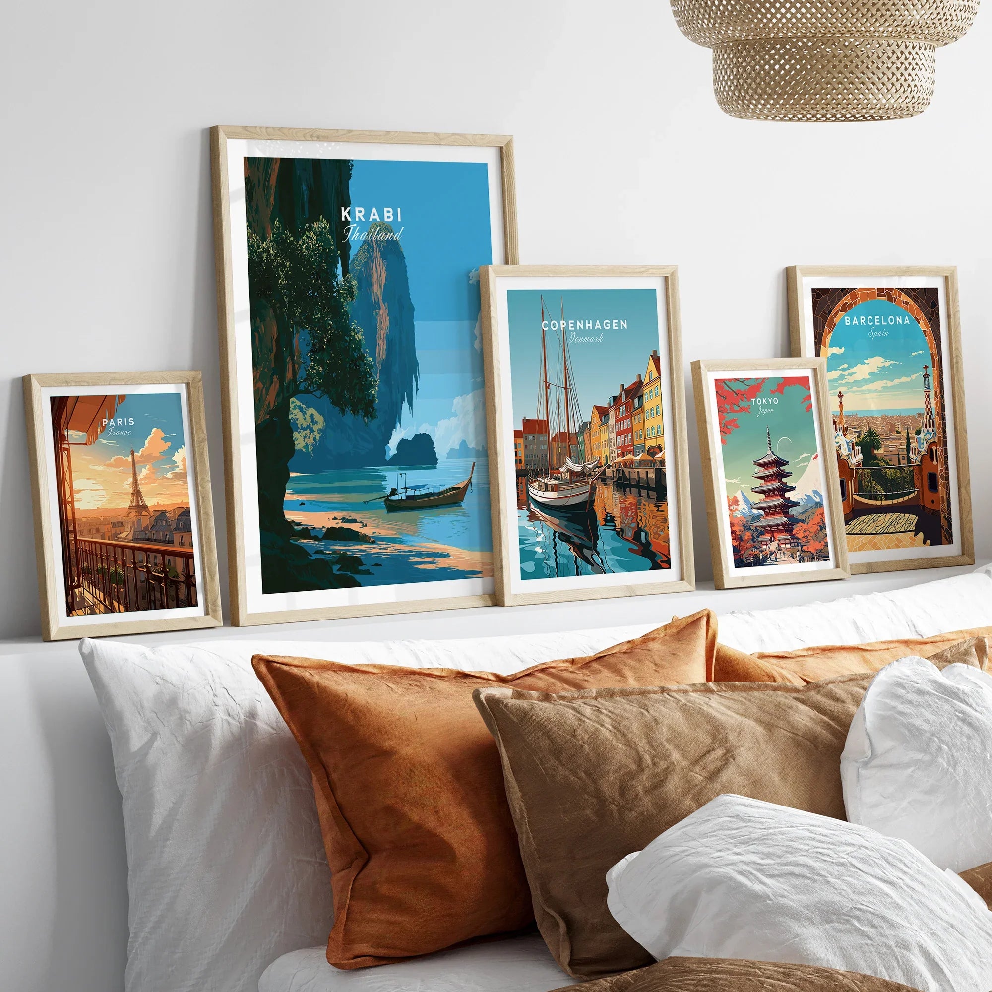 Krabi Thailand Longtail Boat Travel Poster — set five framed artprints above bed natural wood frames