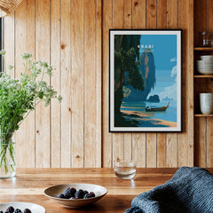 Krabi Thailand Longtail Boat Travel Poster — black framed art print kitchen setting