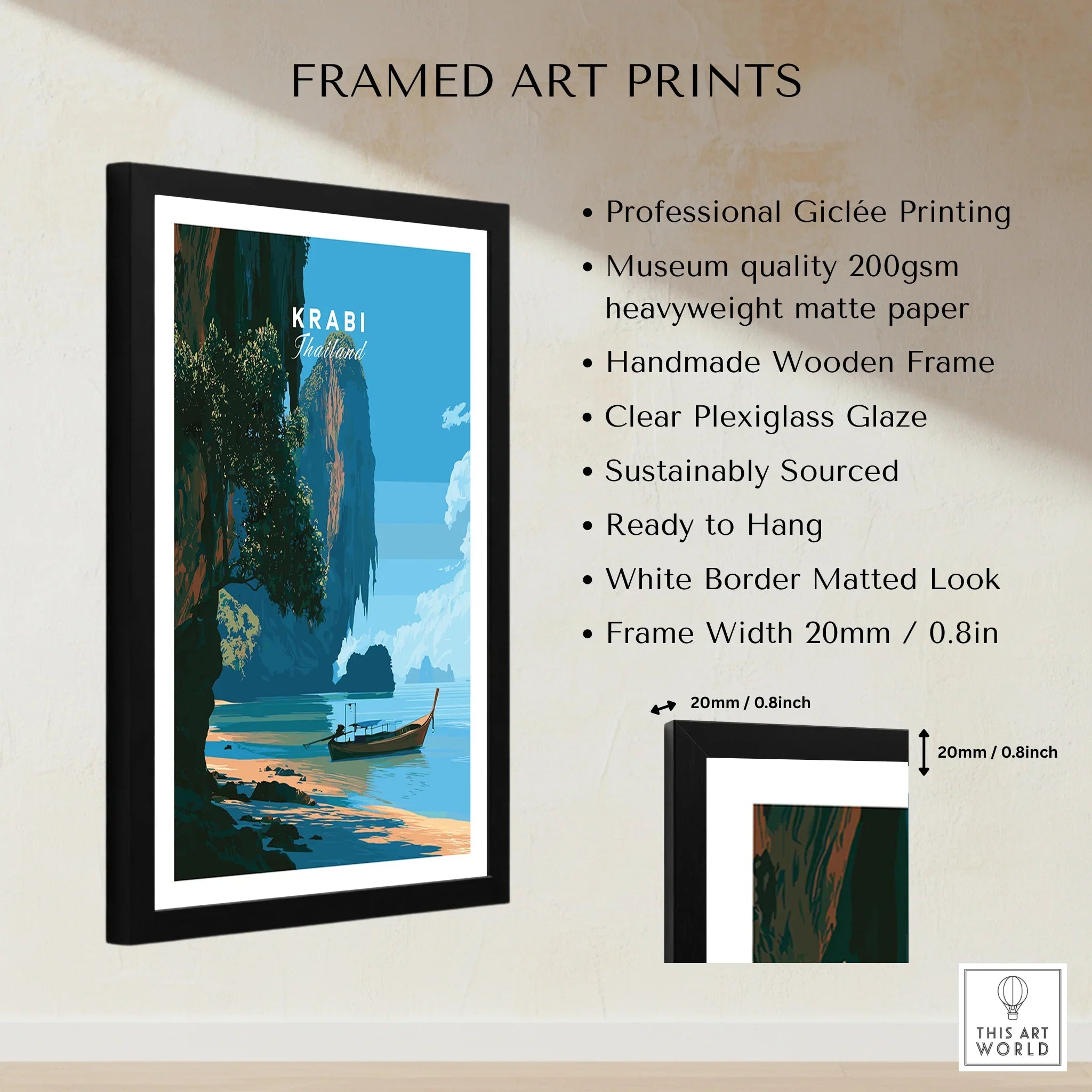 Krabi Thailand Longtail Boat Travel Poster — framed print details measurements quality details