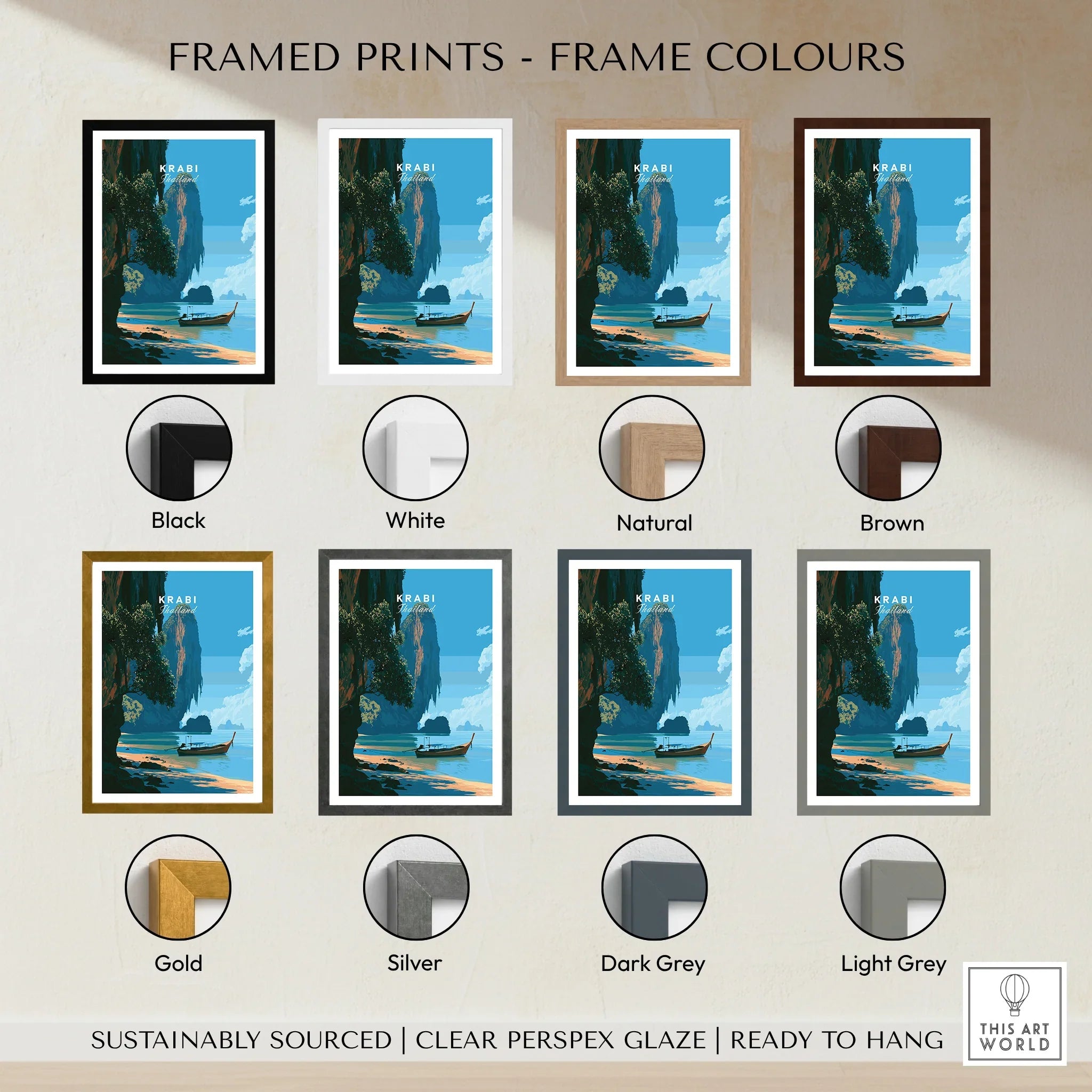 Krabi Thailand Longtail Boat Travel Poster — framed print colour options