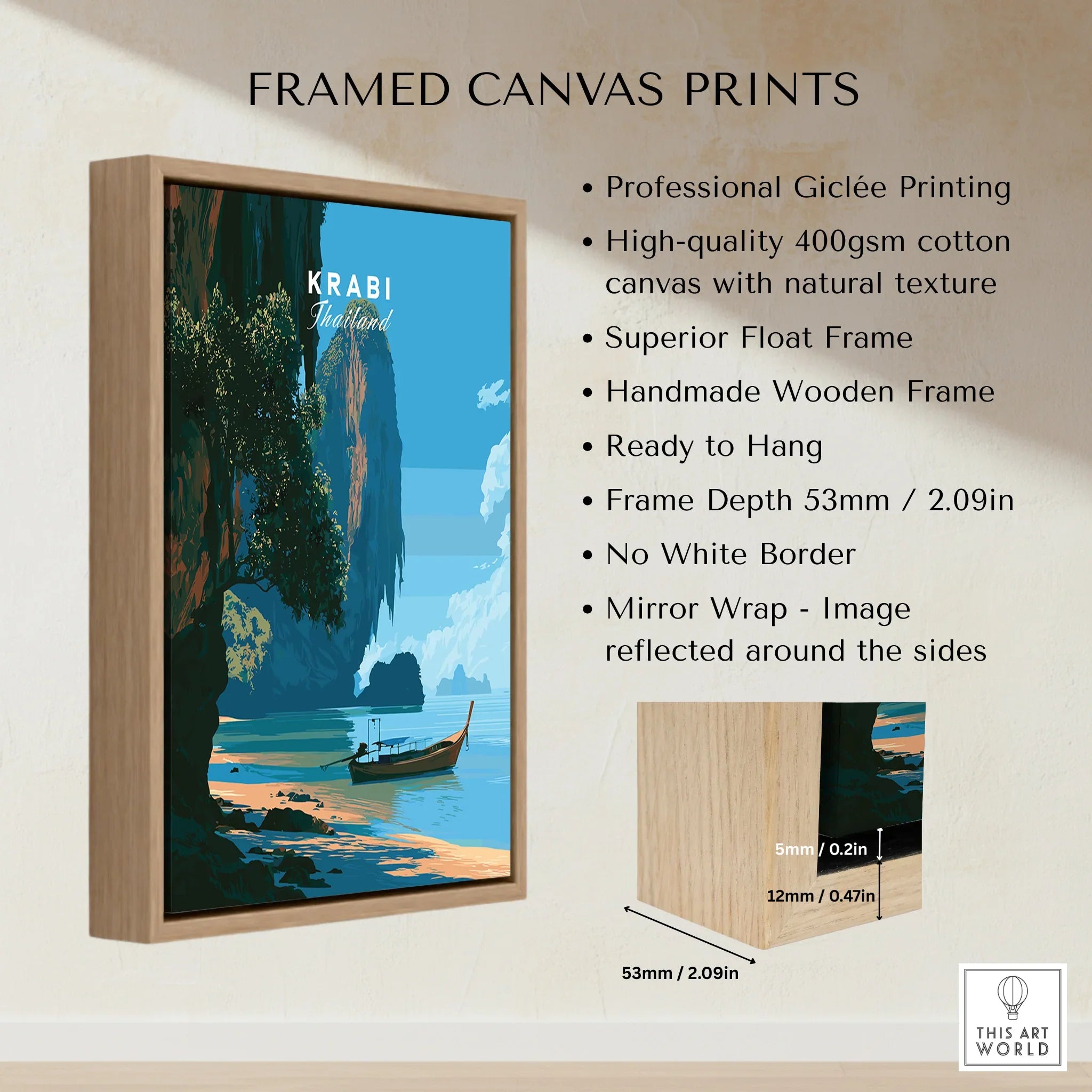 Krabi Thailand Longtail Boat Travel Poster — framed canvas float frame details quality