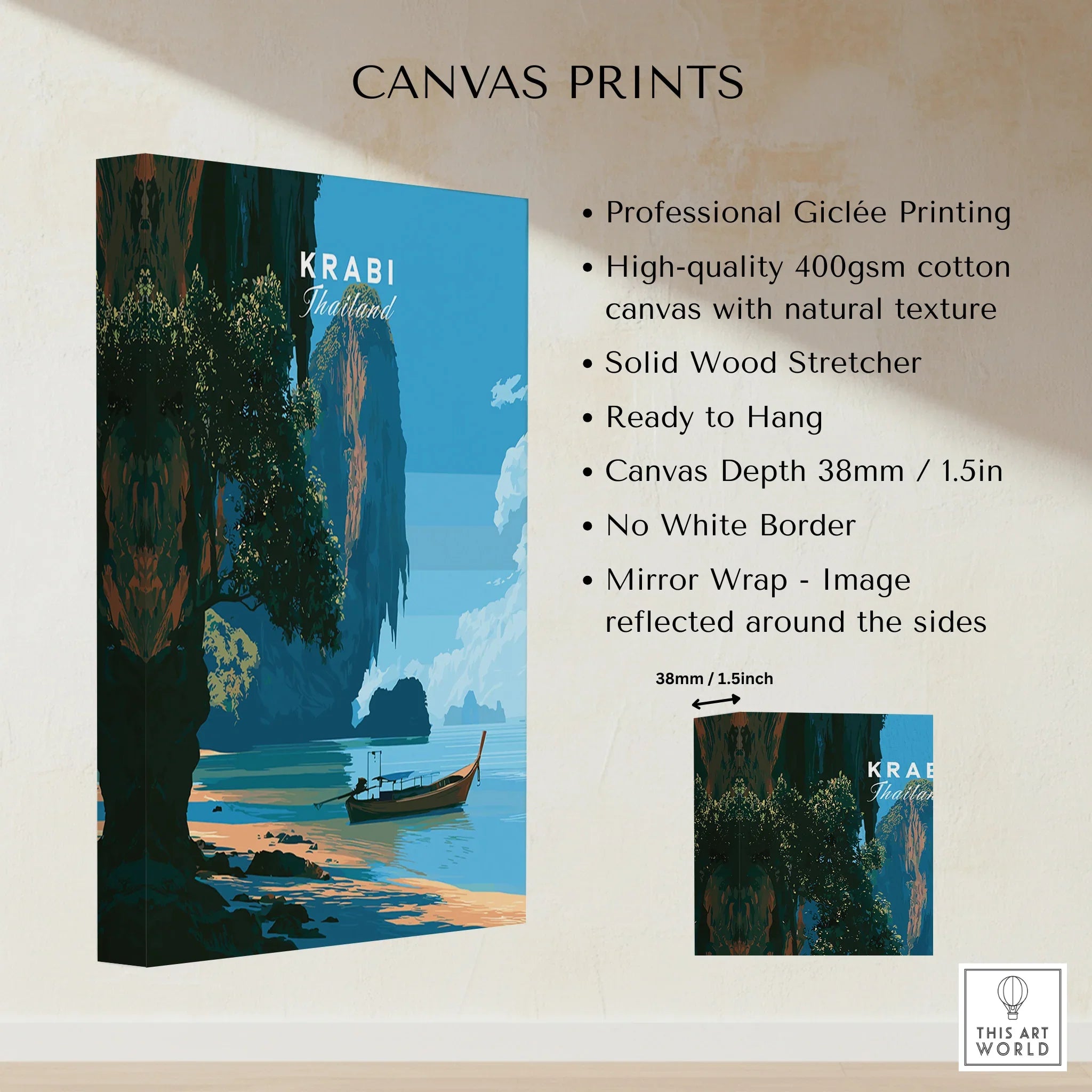 Krabi Thailand Longtail Boat Travel Poster — canvas print stretched cotton canvas details