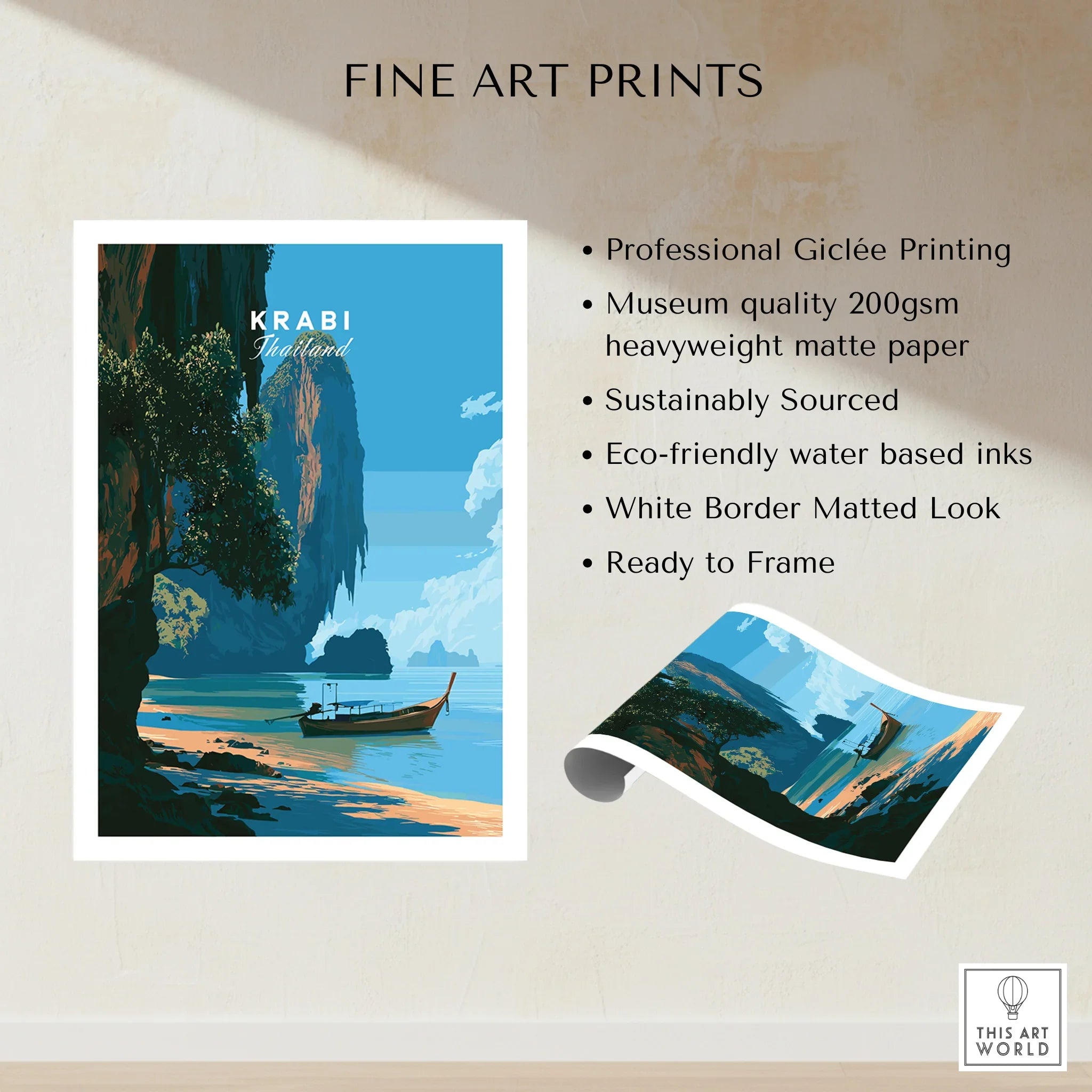 Krabi Thailand Longtail Boat Travel Poster — fine art print unframed quality details