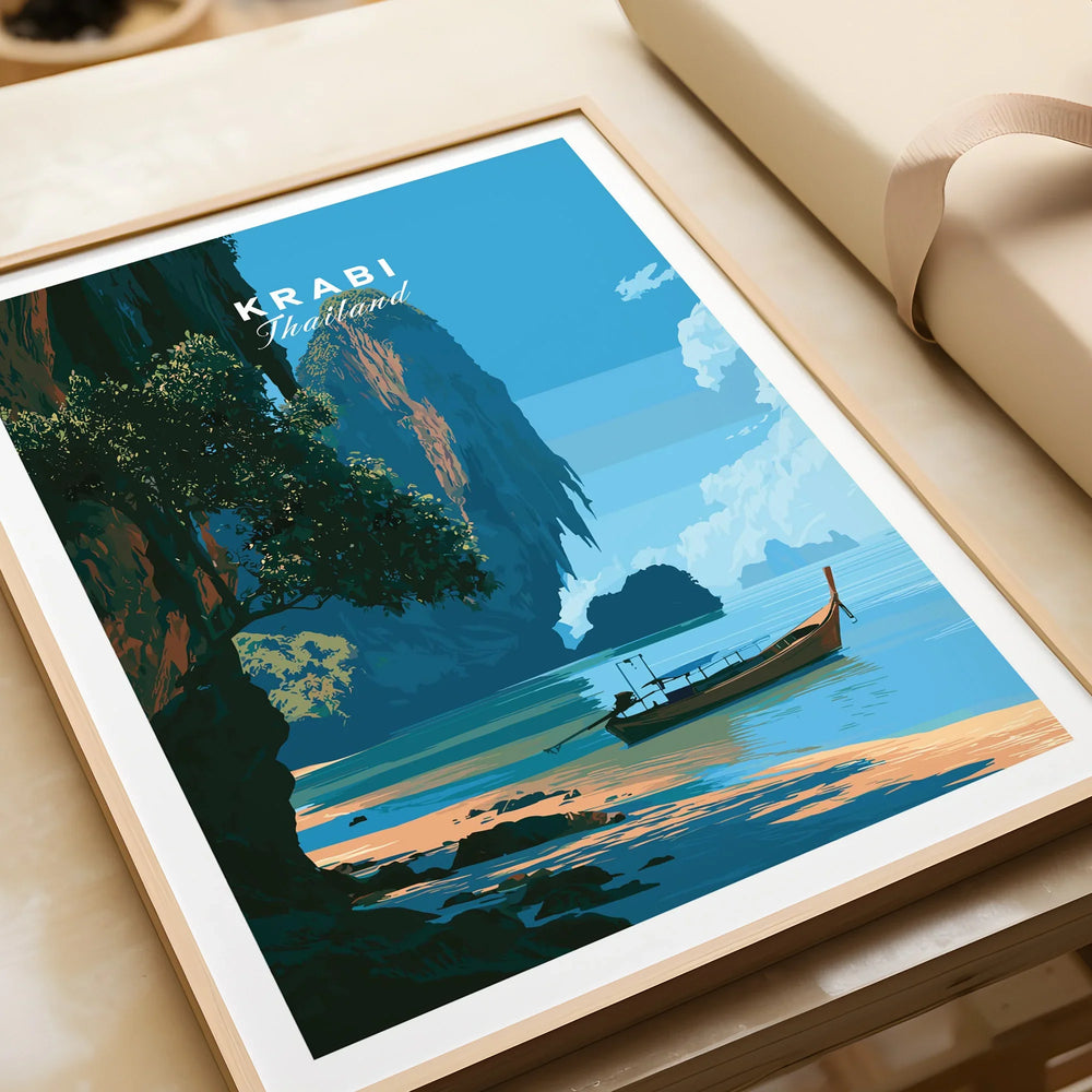 Krabi Thailand Longtail Boat Travel Poster — framed art print closeup gift unwrapped natural frame
