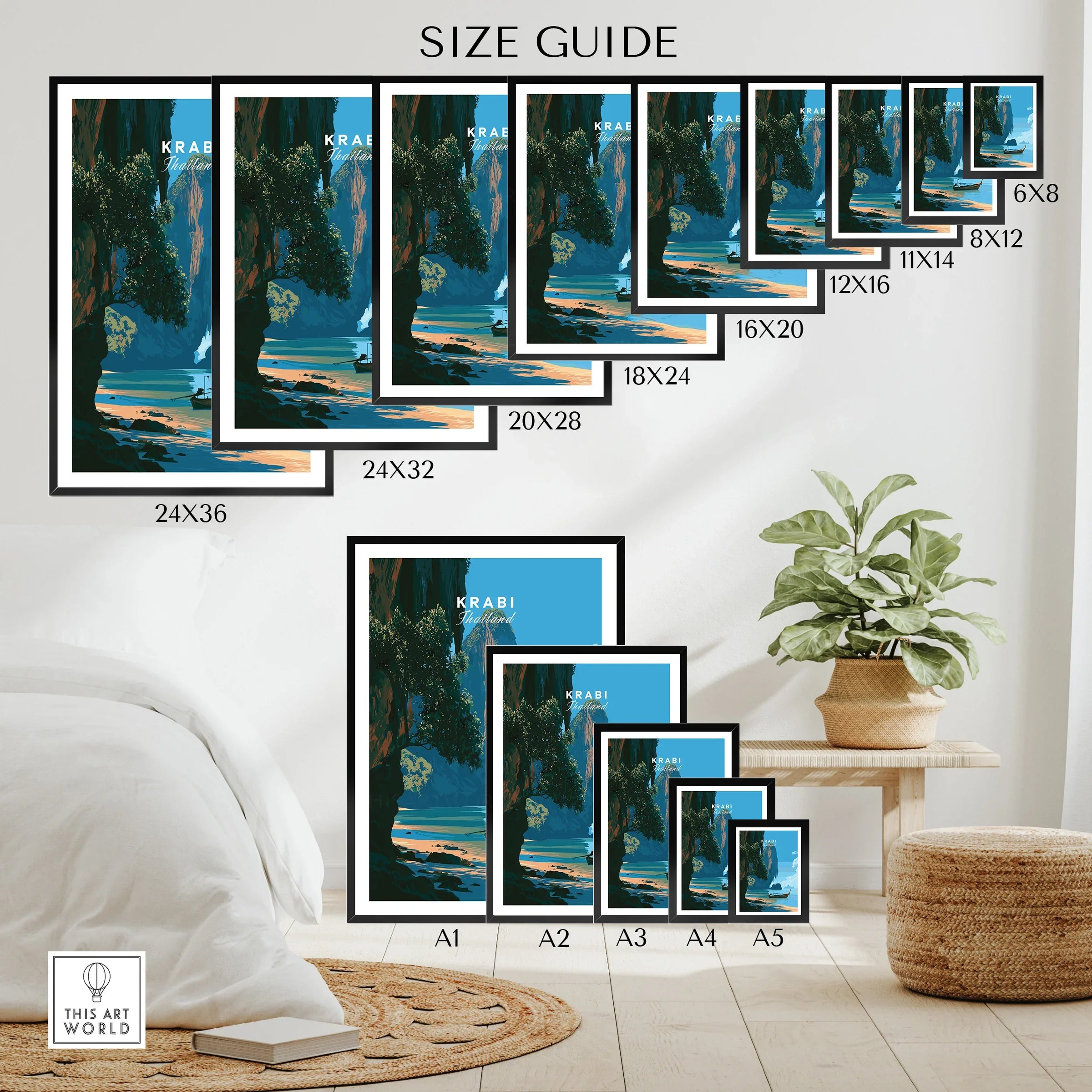 Krabi Thailand Longtail Boat Travel Poster — wall art poster size guide thisartworld