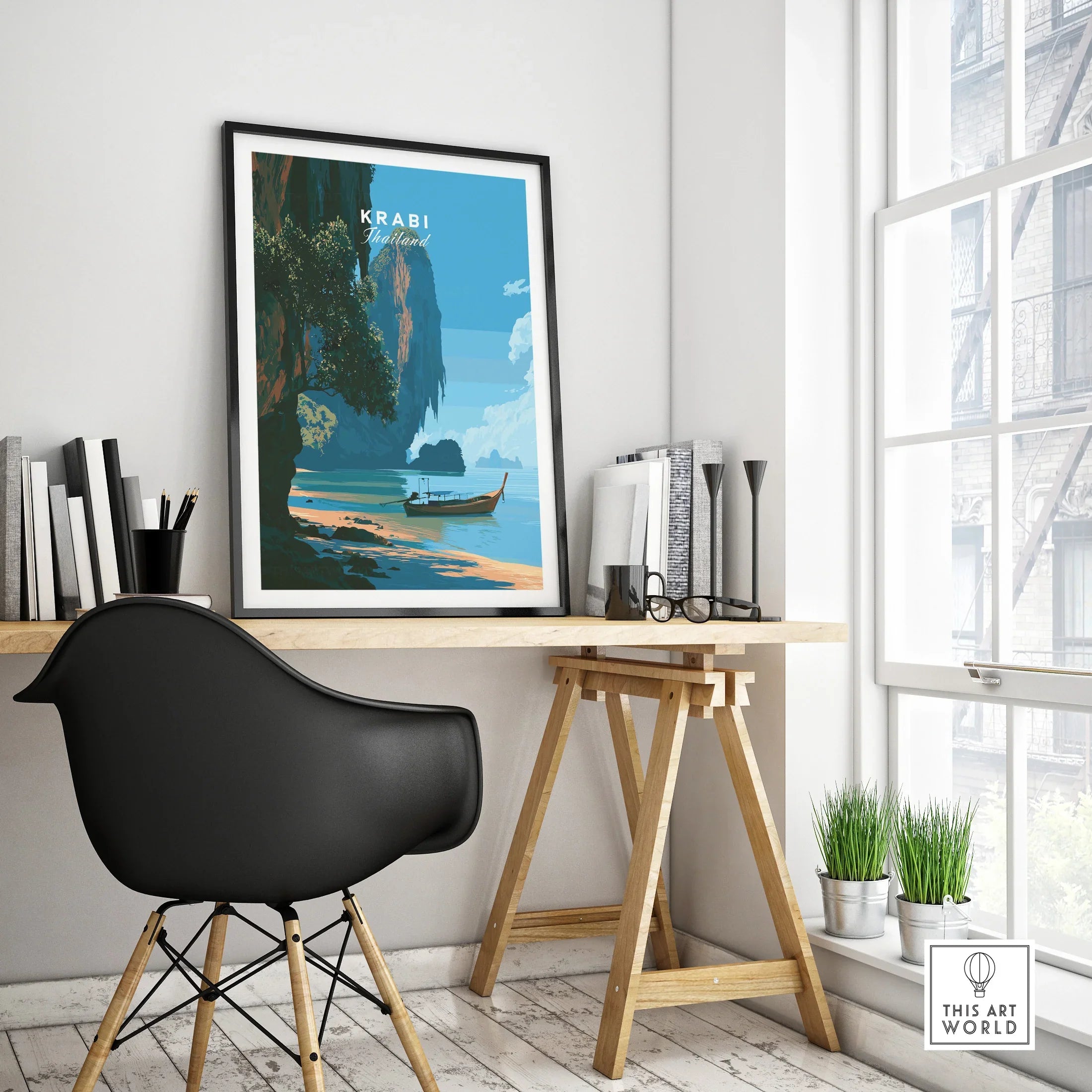Krabi Thailand Longtail Boat Travel Poster — framed poster black frame on office desk modern