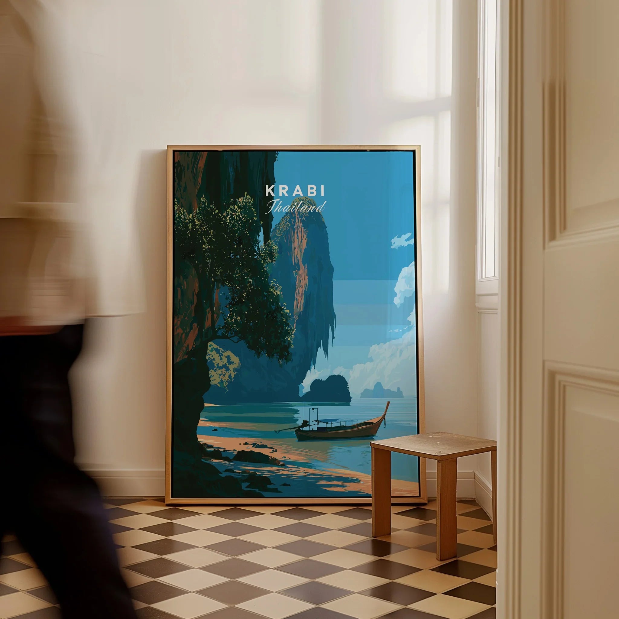 Krabi Thailand Longtail Boat Travel Poster — framed canvas on floor man walking past