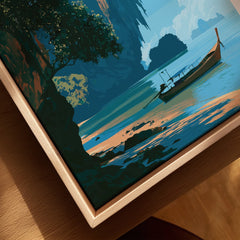 Krabi Thailand Longtail Boat Travel Poster — closeup framed canvas natural wood floating frame