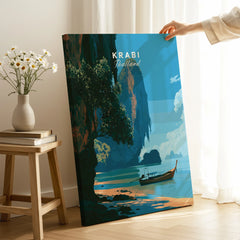 Krabi Thailand Longtail Boat Travel Poster — canvas print mirror edge hand holding room setting