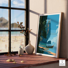 Krabi Thailand Longtail Boat Travel Poster — framed print window view natural wood frame