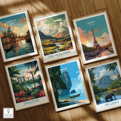 Krabi Thailand Longtail Boat Travel Poster — set six framed art prints wooden floor natural wood frames