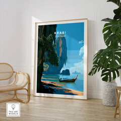 Krabi Thailand Longtail Boat Travel Poster — large framed print room setting chair plant