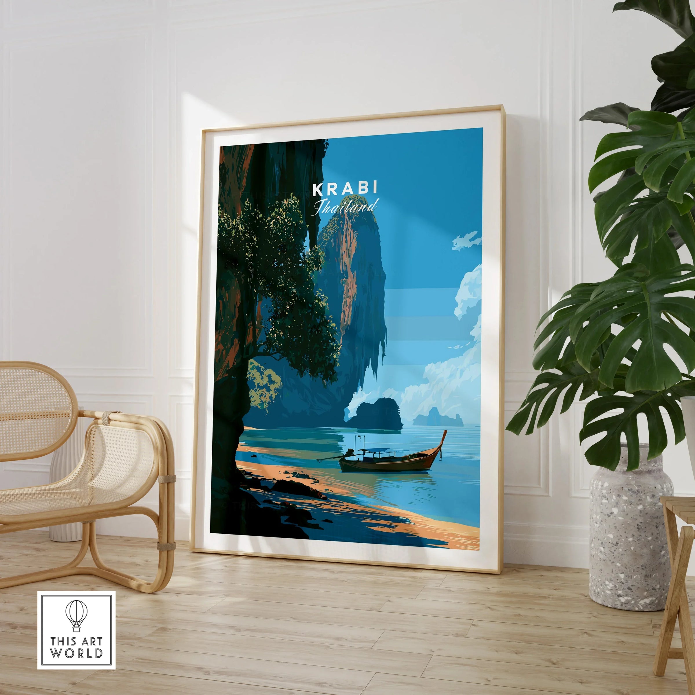 Krabi Thailand Longtail Boat Travel Poster — large framed print room setting chair plant