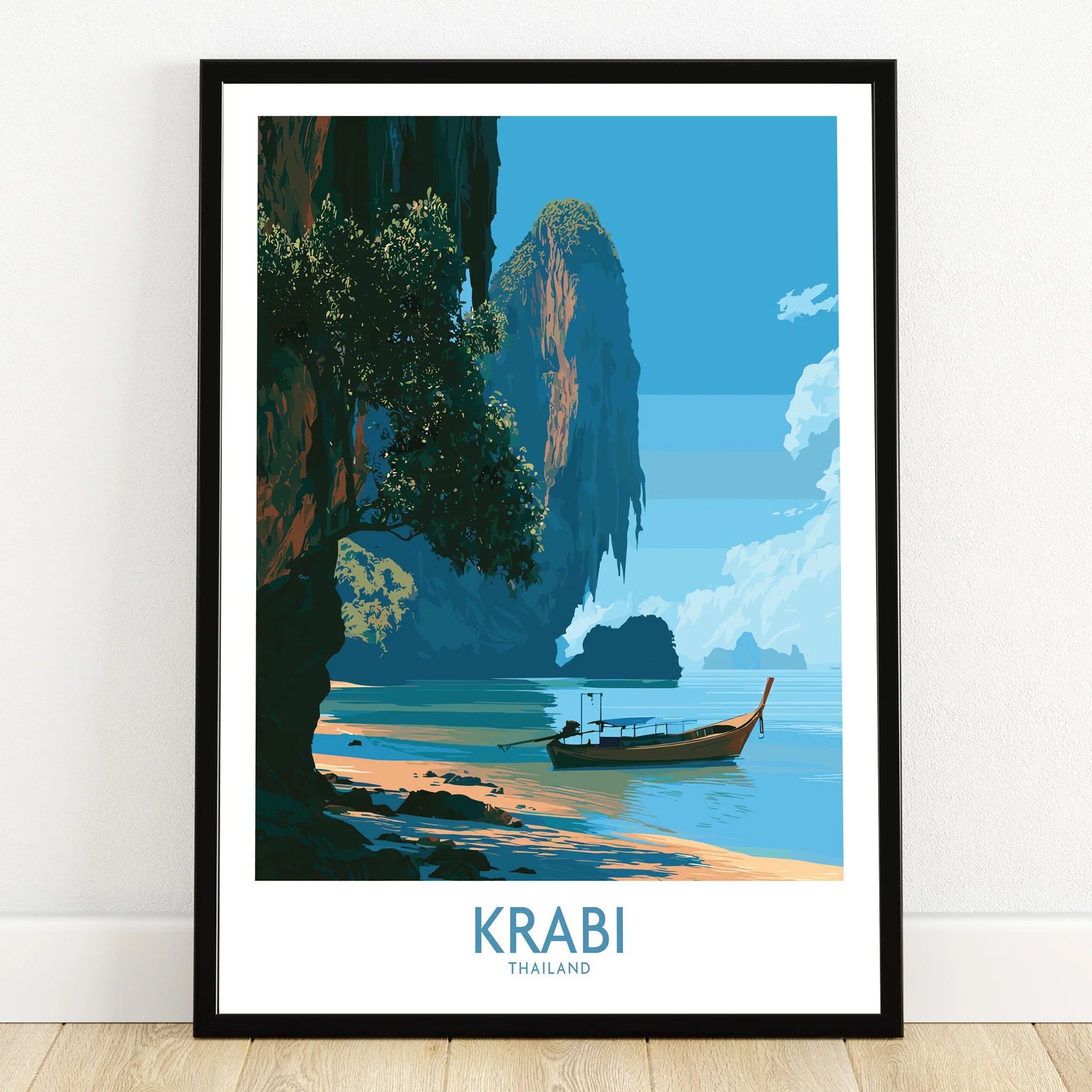 Krabi Thailand Beach Cliffs Wall Art — art print in black frame on wooden floor