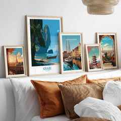 Krabi Thailand Beach Cliffs Wall Art — set five framed artprints above bed natural wood frames