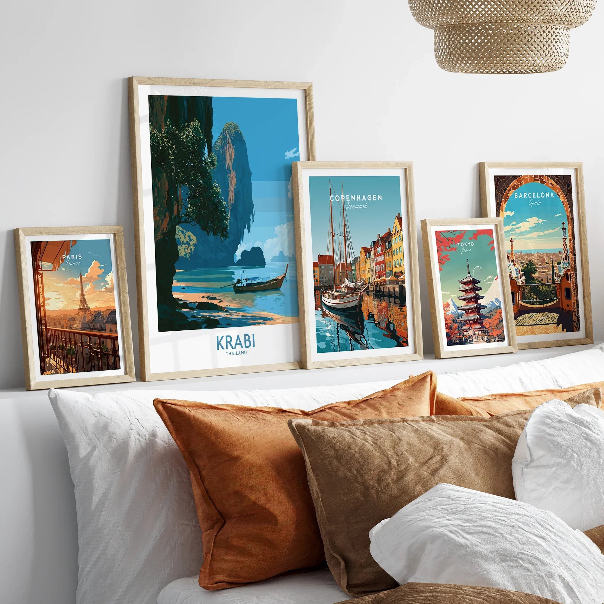 Krabi Thailand Beach Cliffs Wall Art — set five framed artprints above bed natural wood frames