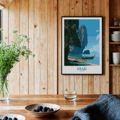 Krabi Thailand Beach Cliffs Wall Art — black framed art print kitchen setting