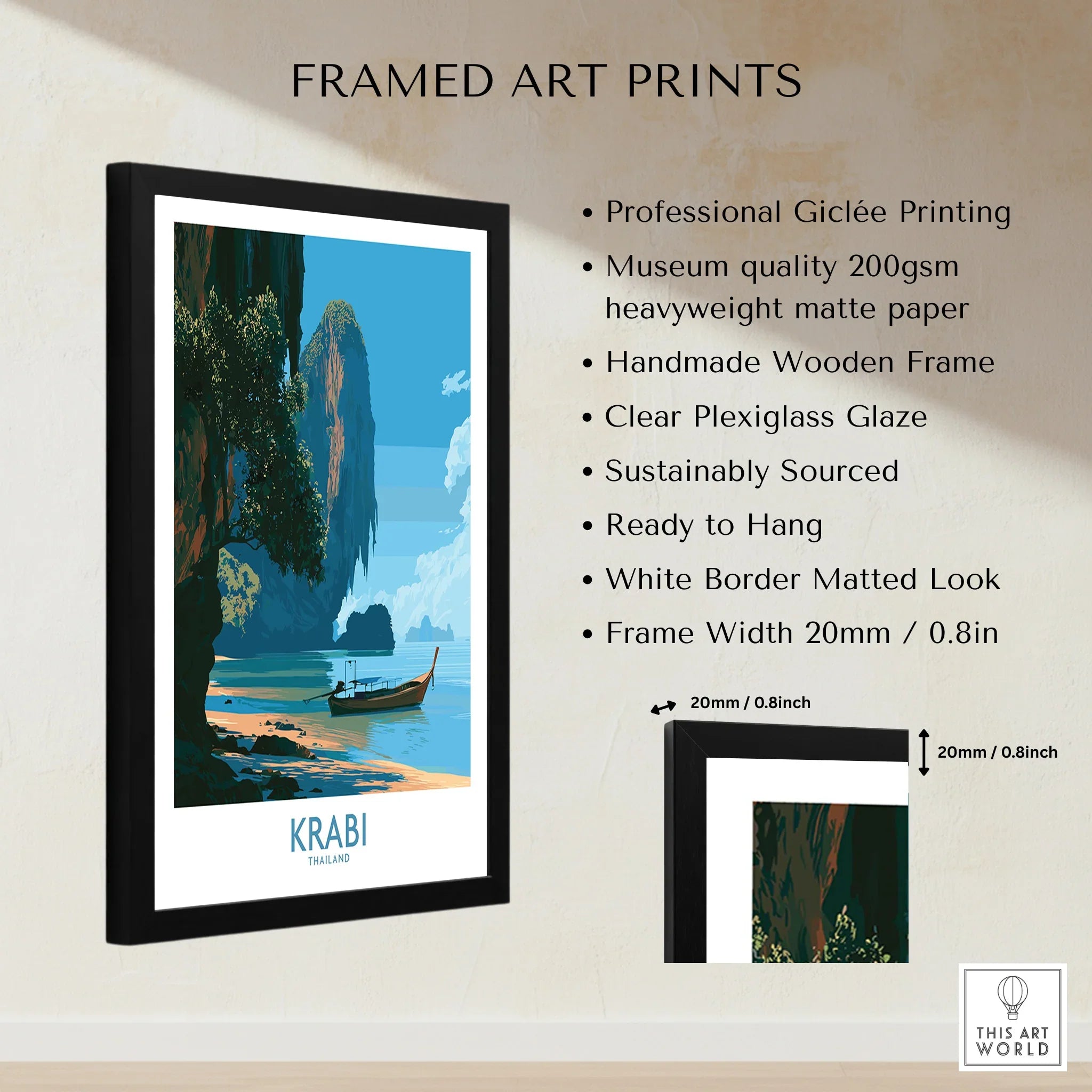 Krabi Thailand Beach Cliffs Wall Art — framed print details measurements quality details