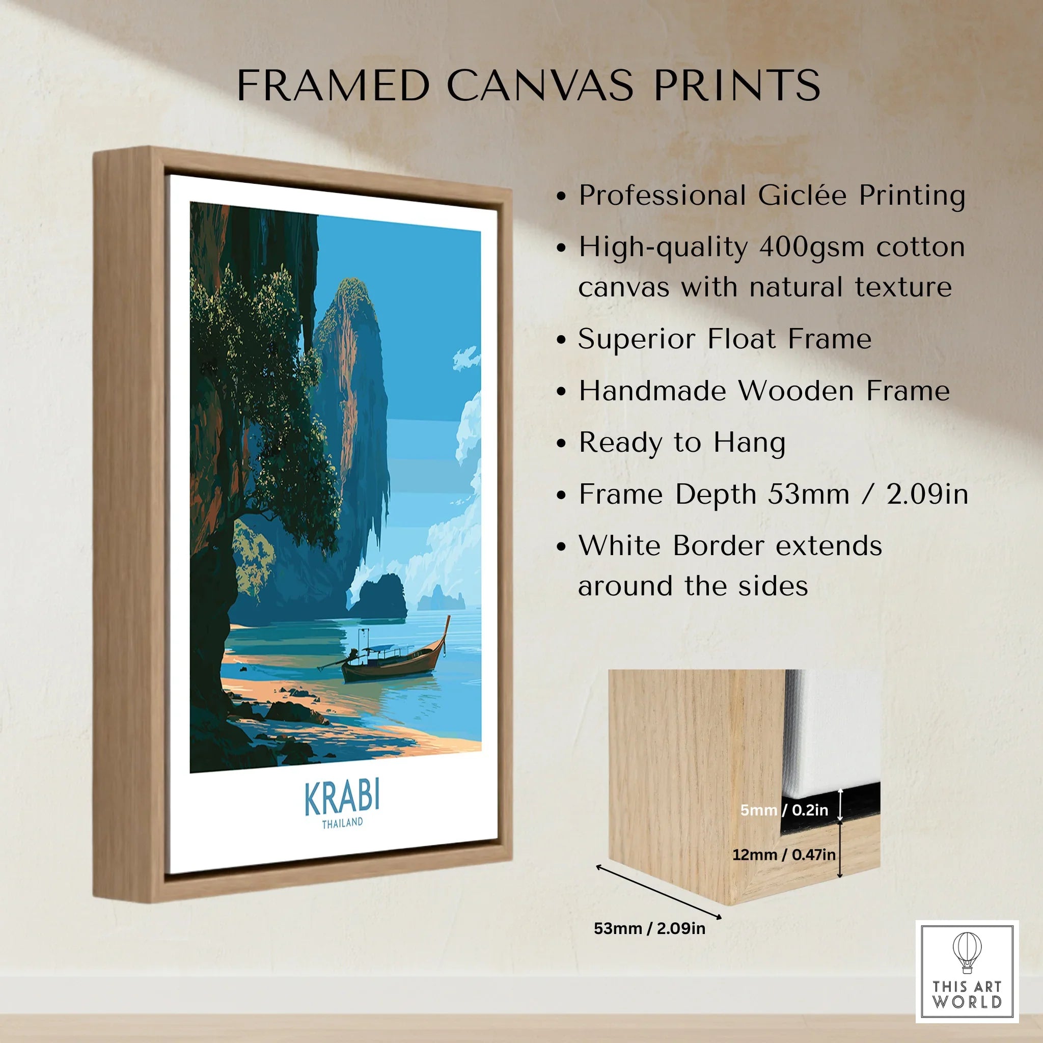Krabi Thailand Beach Cliffs Wall Art — framed canvas float frame details quality