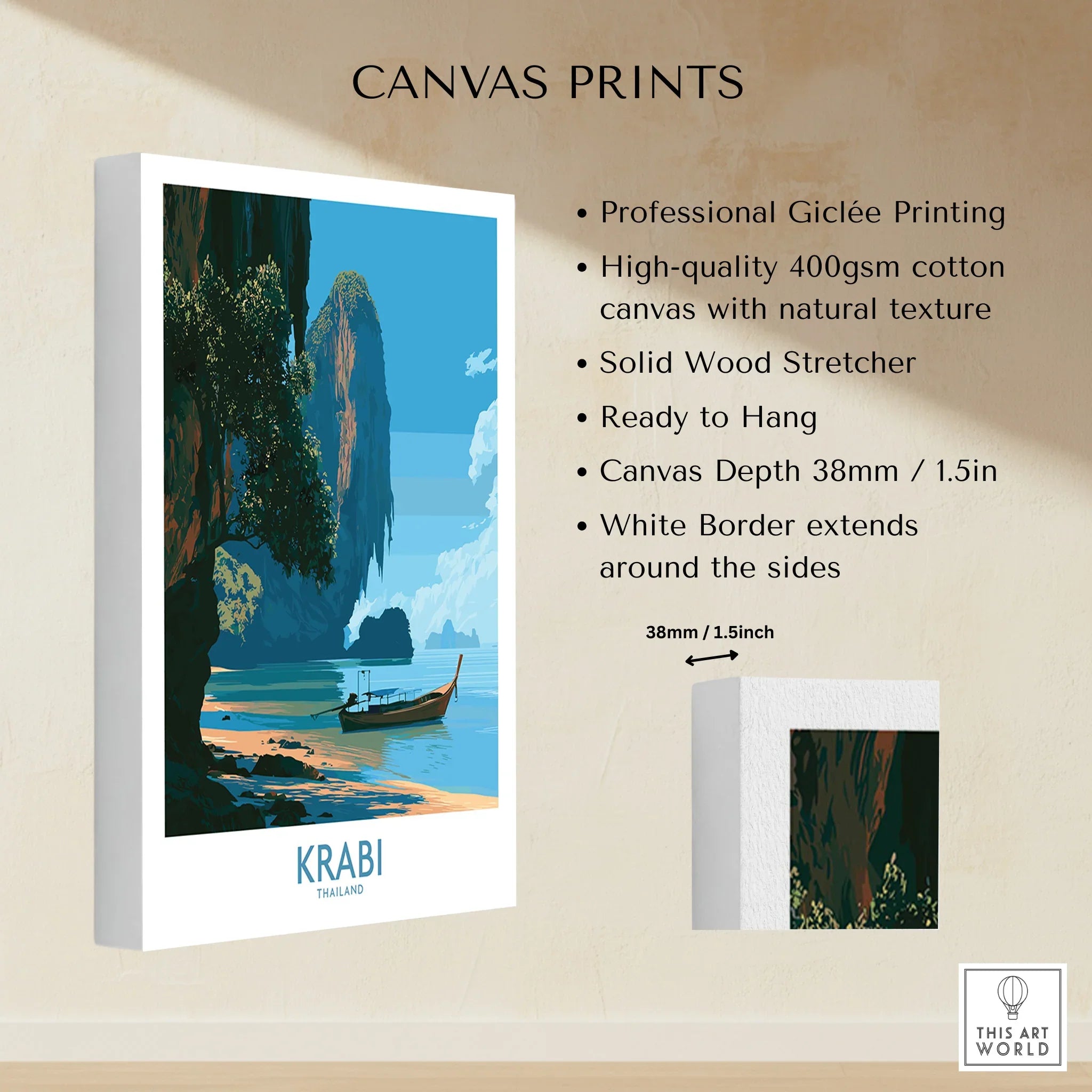 Krabi Thailand Beach Cliffs Wall Art — canvas print stretched cotton canvas details