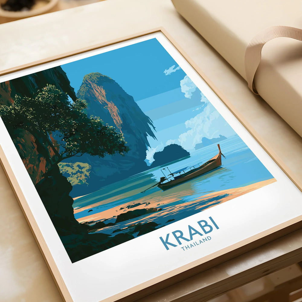 Krabi Thailand Beach Cliffs Wall Art — framed art print closeup gift unwrapped natural frame