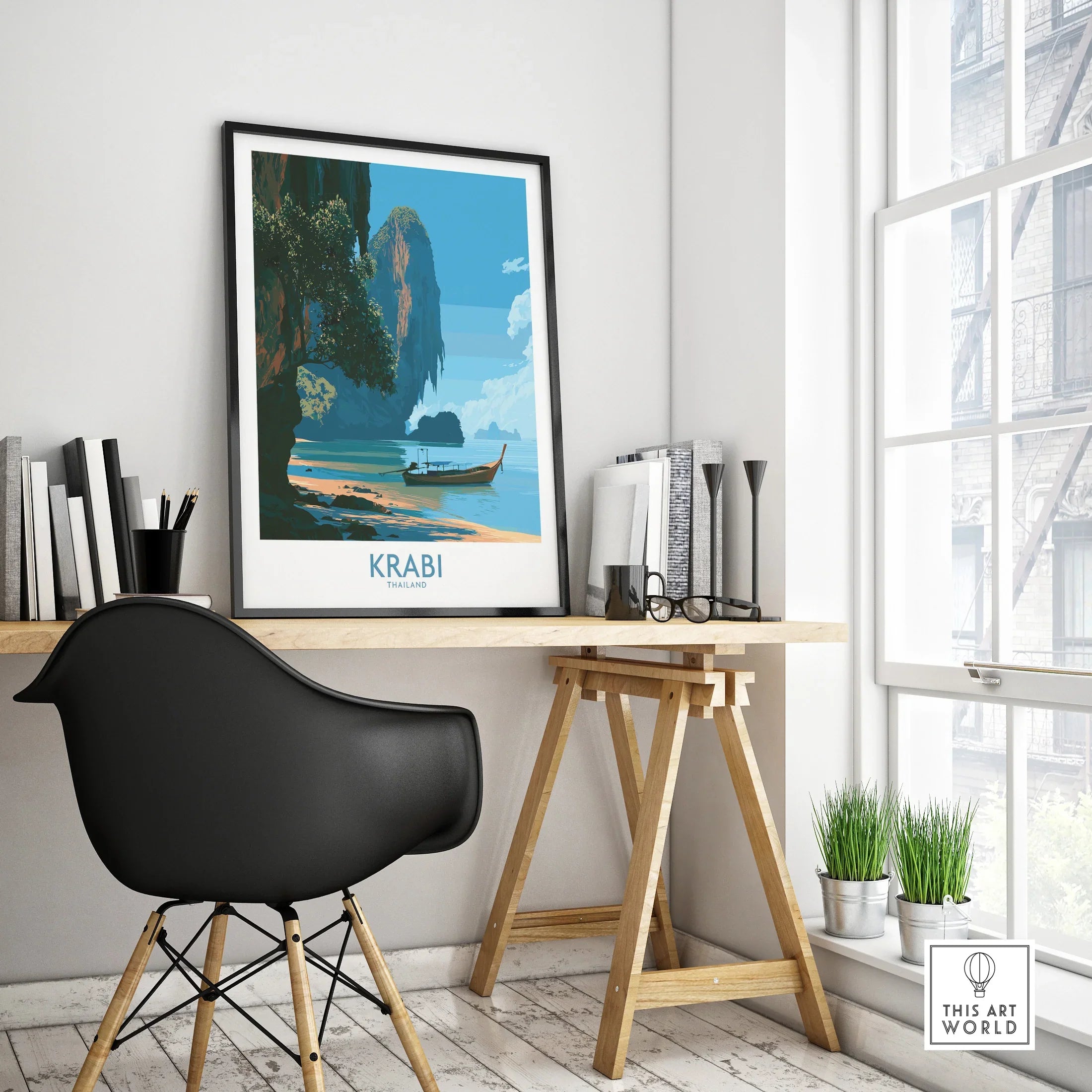 Krabi Thailand Beach Cliffs Wall Art — framed poster black frame on office desk modern