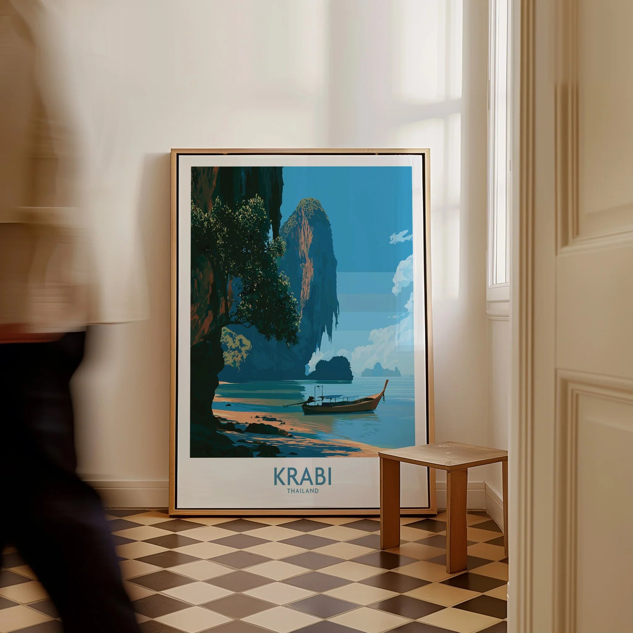 Krabi Thailand Beach Cliffs Wall Art — framed canvas on floor man walking past