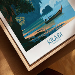 Krabi Thailand Beach Cliffs Wall Art — closeup framed canvas natural wood floating frame