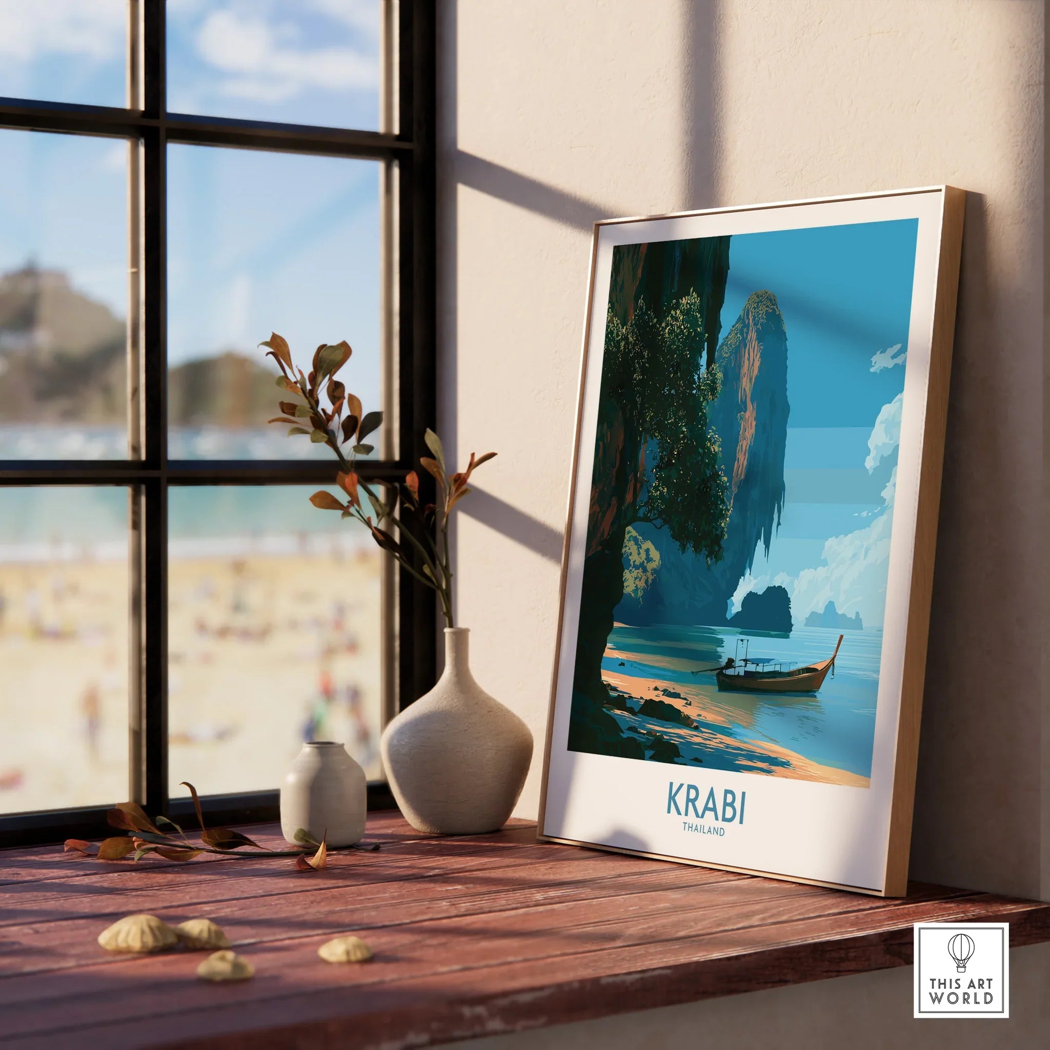 Krabi Thailand Beach Cliffs Wall Art — framed print window view natural wood frame