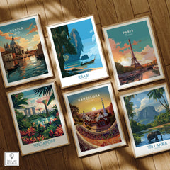 Krabi Thailand Beach Cliffs Wall Art — set six framed art prints wooden floor natural wood frames