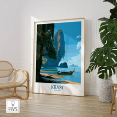 Krabi Thailand Beach Cliffs Wall Art — large framed print room setting chair plant